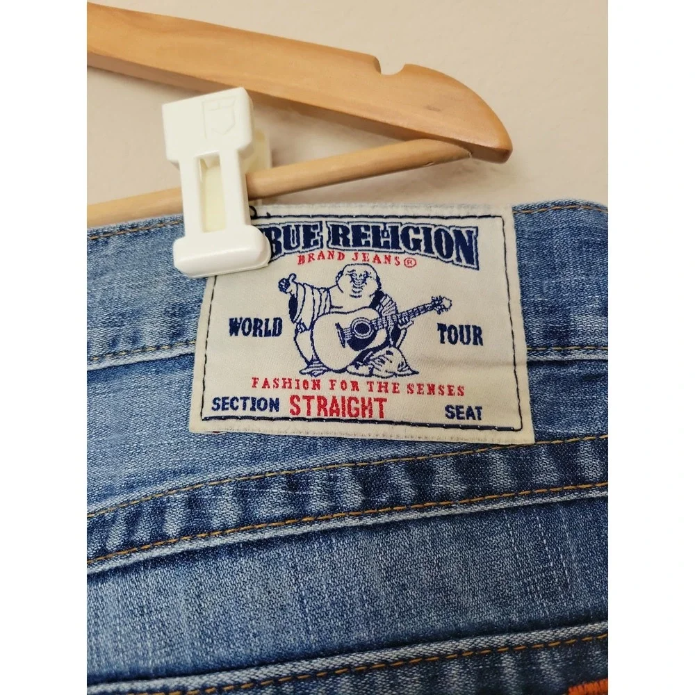 True Religion Mens Section Straight Blue Jeans Size 38 Pocket Flaps Whiskering